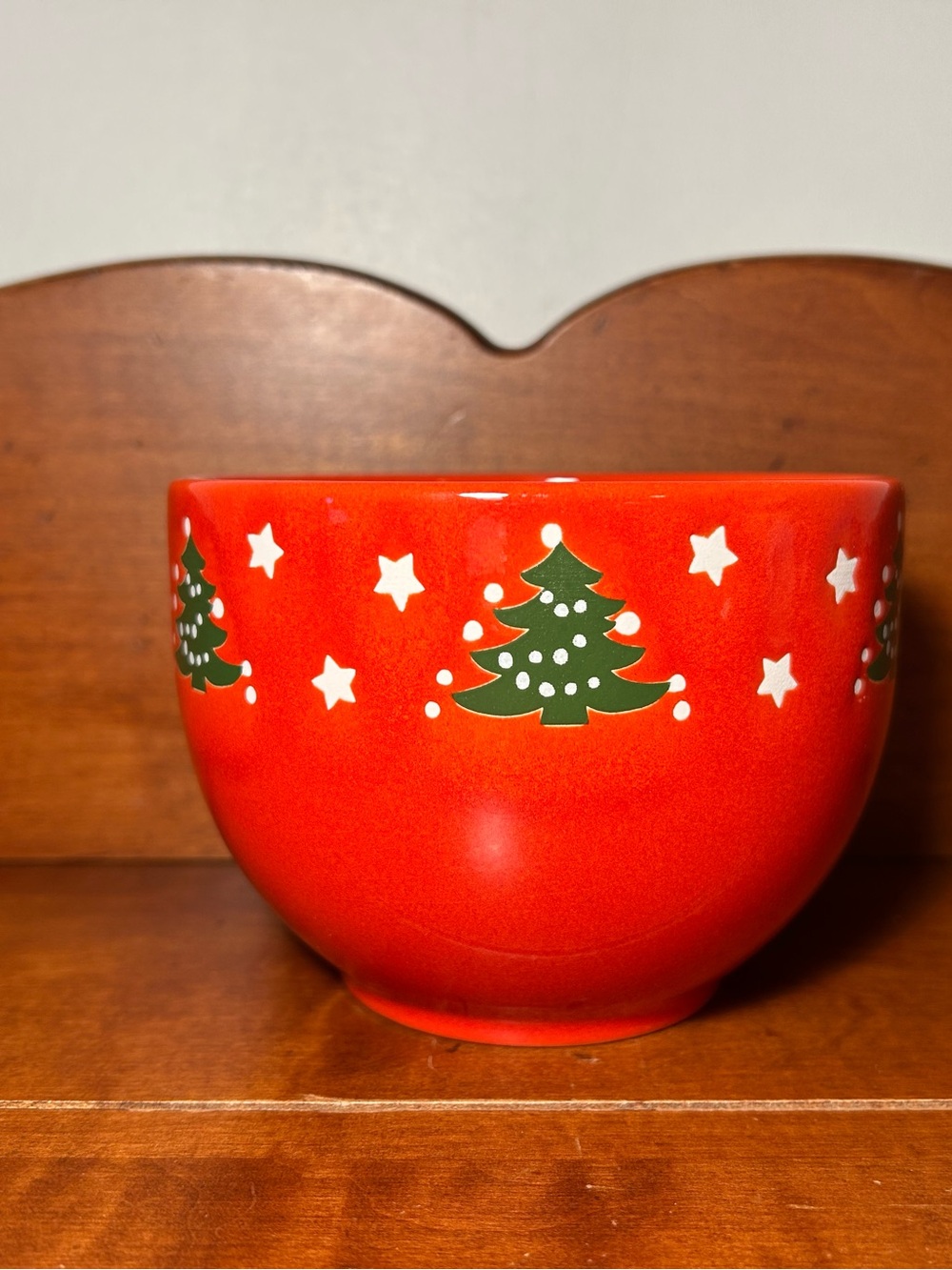 Festive Red Holiday Bowl with Green Christmas Tree Motif